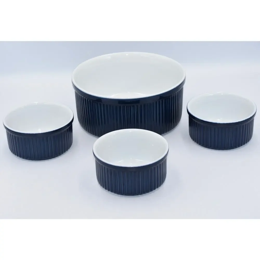 Dansk Bistro 4pc Christianshavn Blue Ribbed Ramekins & Soufflé Casserole Dish